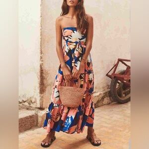 Mister Zimi Strapless Tropical Floral Tiered Maxi Dress size 6